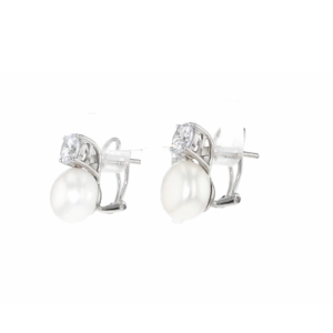 Earrings featuring 10.5-11 mm cultured pearls and 1.50 carat cubic zirconia, made of sterling silver.