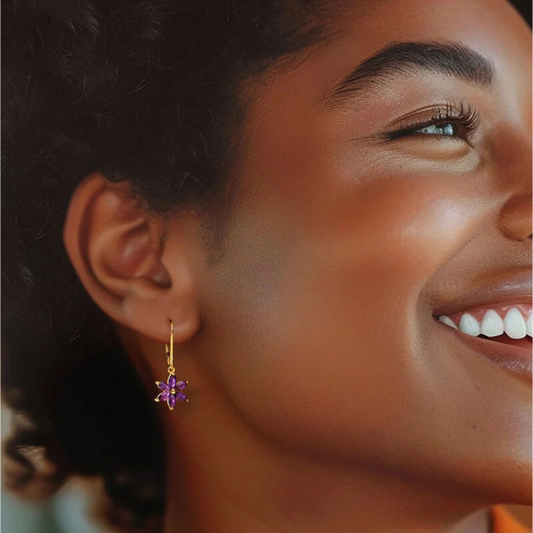 1.60-carat amethyst flower pendant earrings, 18K gold-plated sterling silver. - Image 7