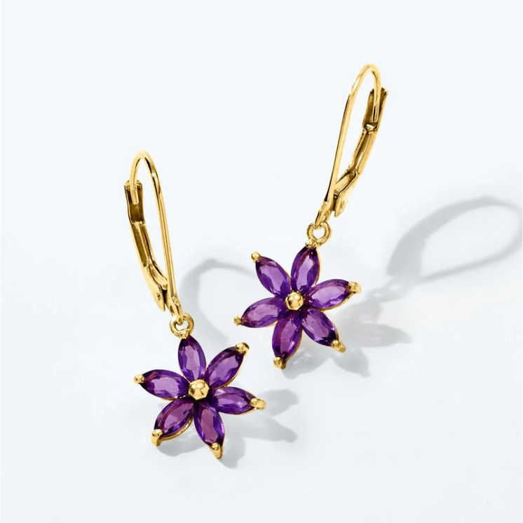 1.60-carat amethyst flower pendant earrings, 18K gold-plated sterling silver. - Image 5