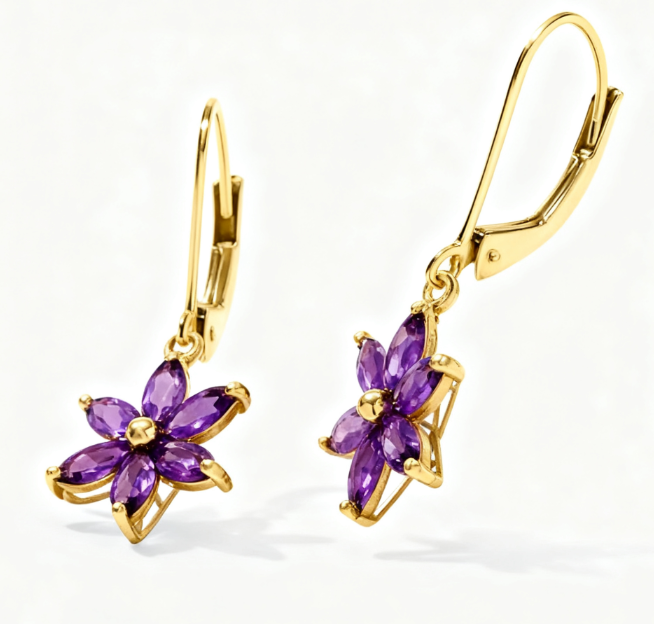 1.60-carat amethyst flower pendant earrings, 18K gold-plated sterling silver. - Image 4