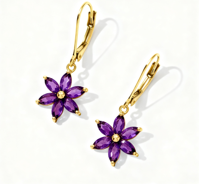 1.60-carat amethyst flower pendant earrings, 18K gold-plated sterling silver. - Image 3