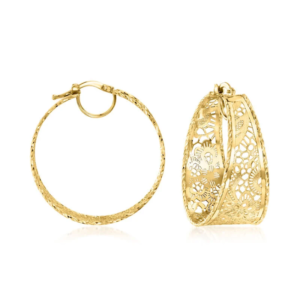 14K gold textured polished lace hoop earrings, 11/4 inches