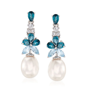 Teardrop earrings in sterling silver featuring 8.5-9 mm cultured pearls and 2.30 carats of sky blue and white topaz.