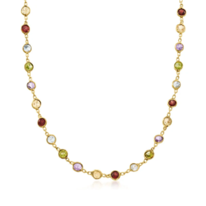 A necklace weighing 8.85 carats, made of 18K gold-plated sterling silver and set with multiple gemstones.