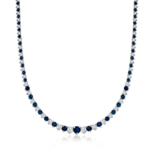 Tennis necklace with 8.00 carats of sapphires and 1.50 carats of diamonds, made of sterling silver.