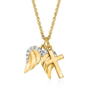 14K gold cross angel wing pendant necklace, set with diamonds