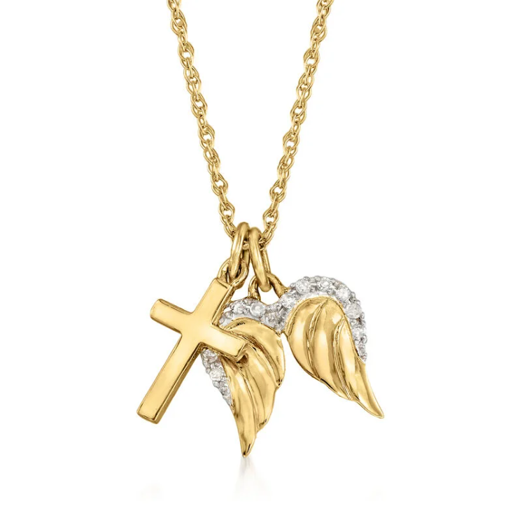 14K gold cross angel wing pendant necklace, set with diamonds - Image 4