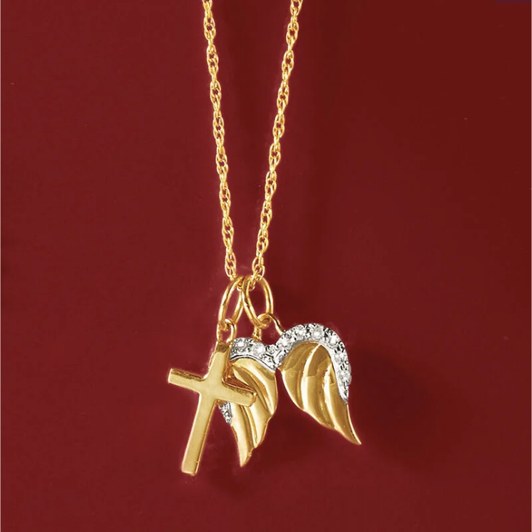 14K gold cross angel wing pendant necklace, set with diamonds - Image 8