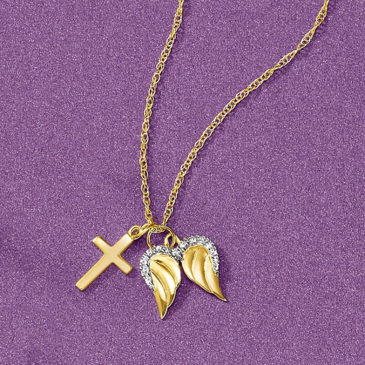 14K gold cross angel wing pendant necklace, set with diamonds - Image 7