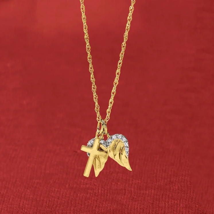 14K gold cross angel wing pendant necklace, set with diamonds - Image 5