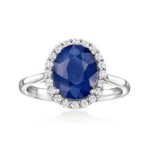 A halo ring featuring a 3.60-carat sapphire and 0.35-carat diamonds in 14K white gold.