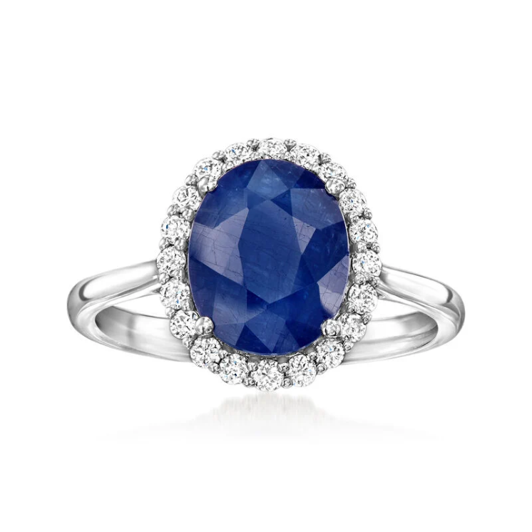 A halo ring featuring a 3.60-carat sapphire and 0.35-carat diamonds in 14K white gold.