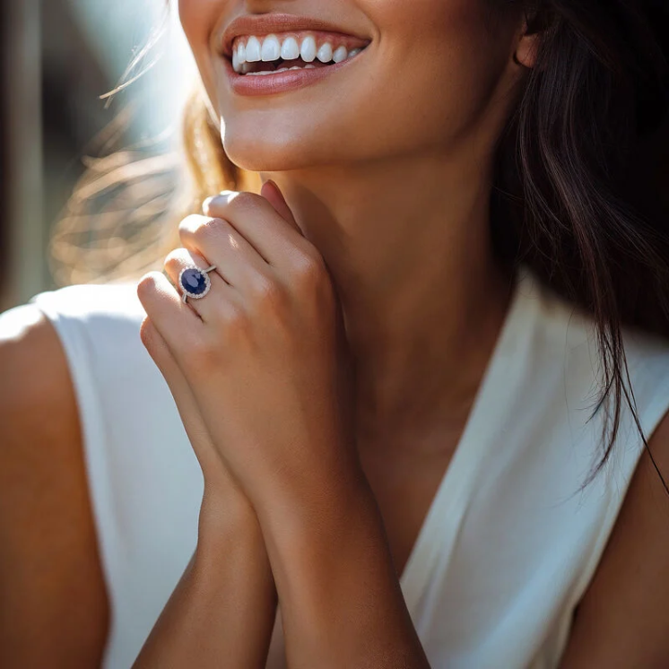 A halo ring featuring a 3.60-carat sapphire and 0.35-carat diamonds in 14K white gold. - Image 6