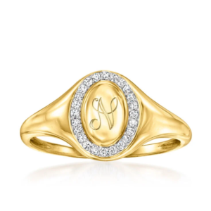 14K gold personalized oval signet ring set with 0.10 carats of diamonds.