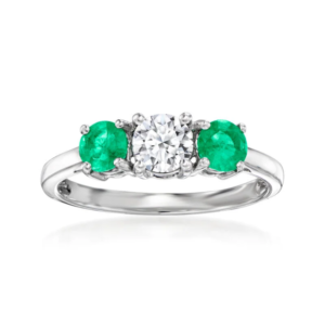A 14K white gold ring set with a 0.50-carat lab-grown diamond and 0.40-carat emeralds.