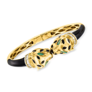 A panther bracelet featuring 1.30 carats of white zircon and 0.60 carats of green chrome diopside, crafted from 18K gold-plated sterling silver with black enamel.